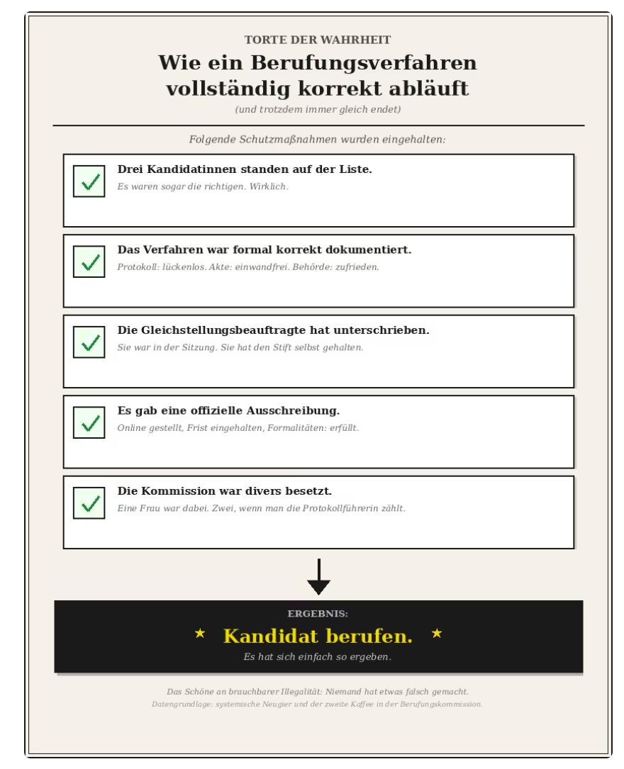 Satirische Checkliste „Torte der Wahrheit“: Wie ein Berufungsverfahren vollständig korrekt abläuft – und trotzdem immer gleich endet. Fünf abgehakte Schutzmaßnahmen, darunter das Ergebnis: Kandidat berufen.