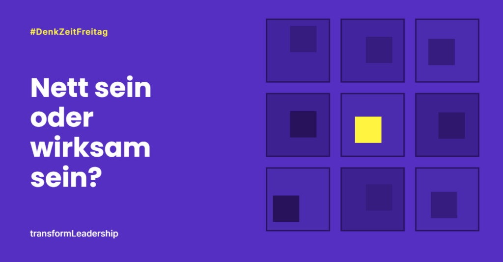 Grafik: Neun violette Quadrate im Raster, eines davon gelb hervorgehoben, daneben der Titel „Nett sein oder wirksam sein?“ und #DenkZeitFreitag